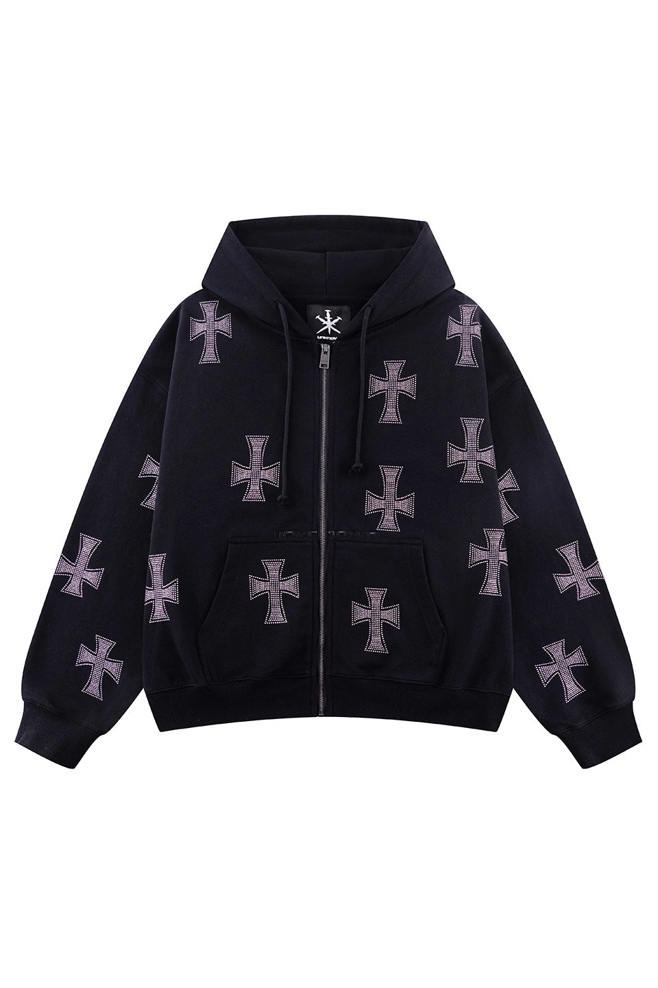 Black x Pink Cross Rhinestone Zip Hoodie
