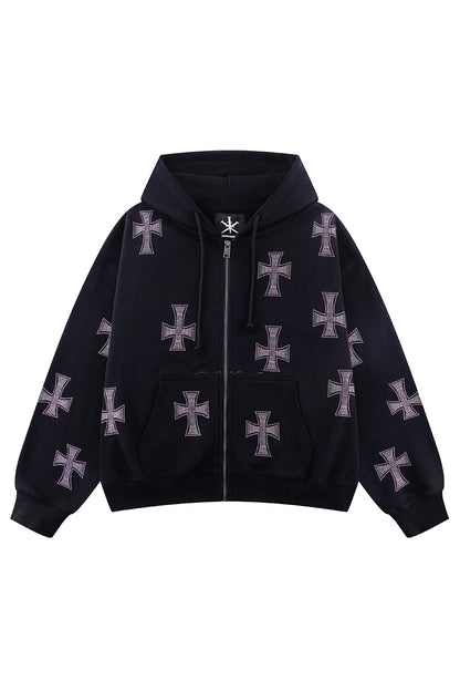 Black x Pink Cross Rhinestone Zip Hoodie