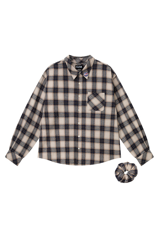 【I don't go to the moon】 Rhinestone Check Shirt