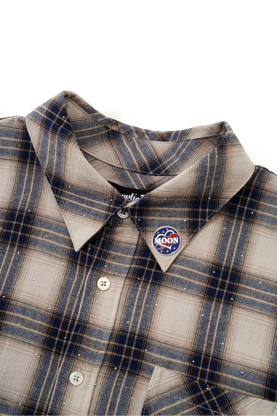 【I don't go to the moon】 Rhinestone Check Shirt