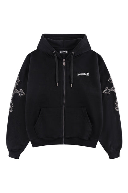 【予約商品】Rhinestone Cross Sleeve Zip Hoodie【11月中旬~下旬お届け】