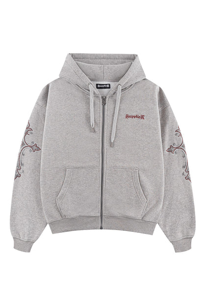 Rhinestone Cross Sleeve Zip Hoodie