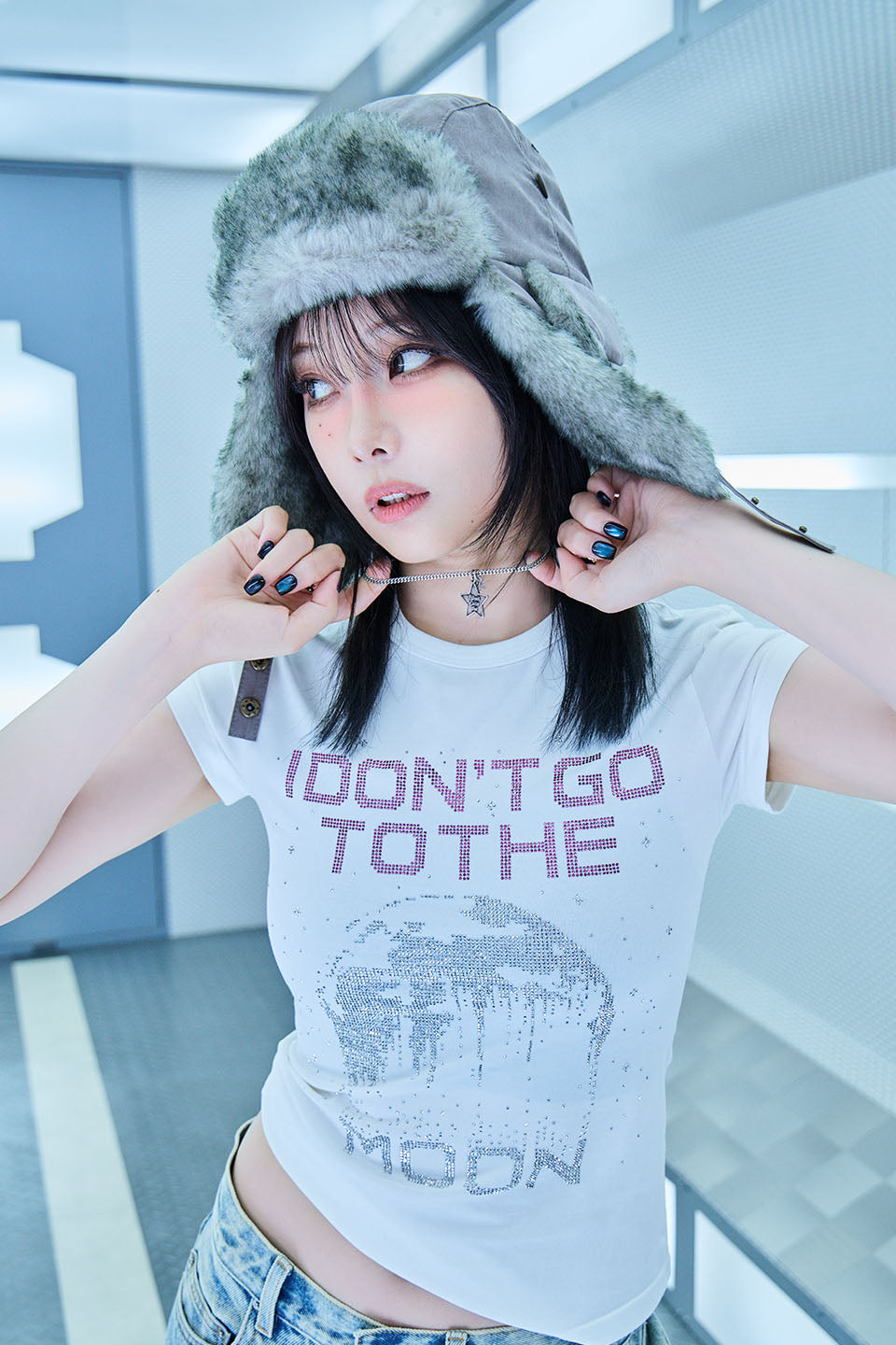 【I don't go to the moon】Moon Rhinestone Tee - Tight Fit - Black&White Set