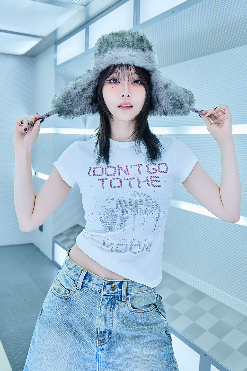 【I don't go to the moon】Moon Rhinestone Tee - Tight Fit - Black&White Set