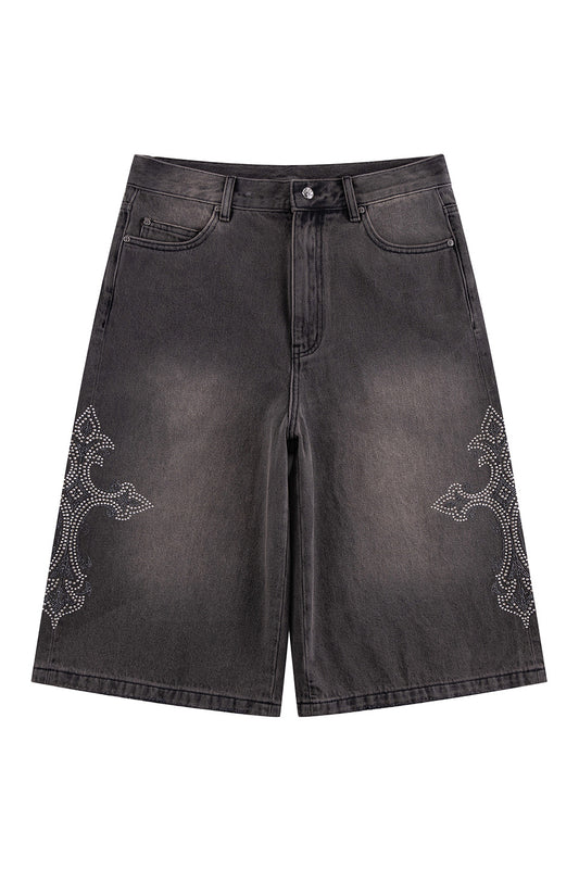 Royal Cross Rhinestone Baggy Denim Shorts