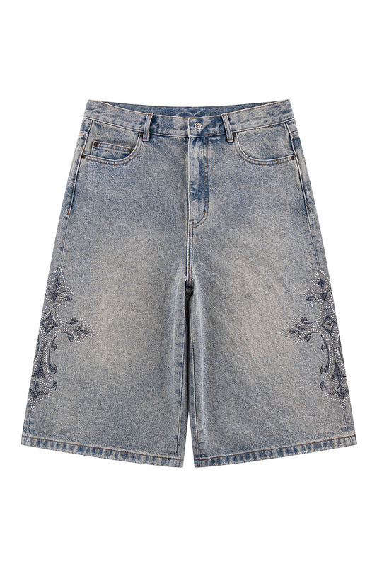 Royal Cross Rhinestone Baggy Denim Shorts