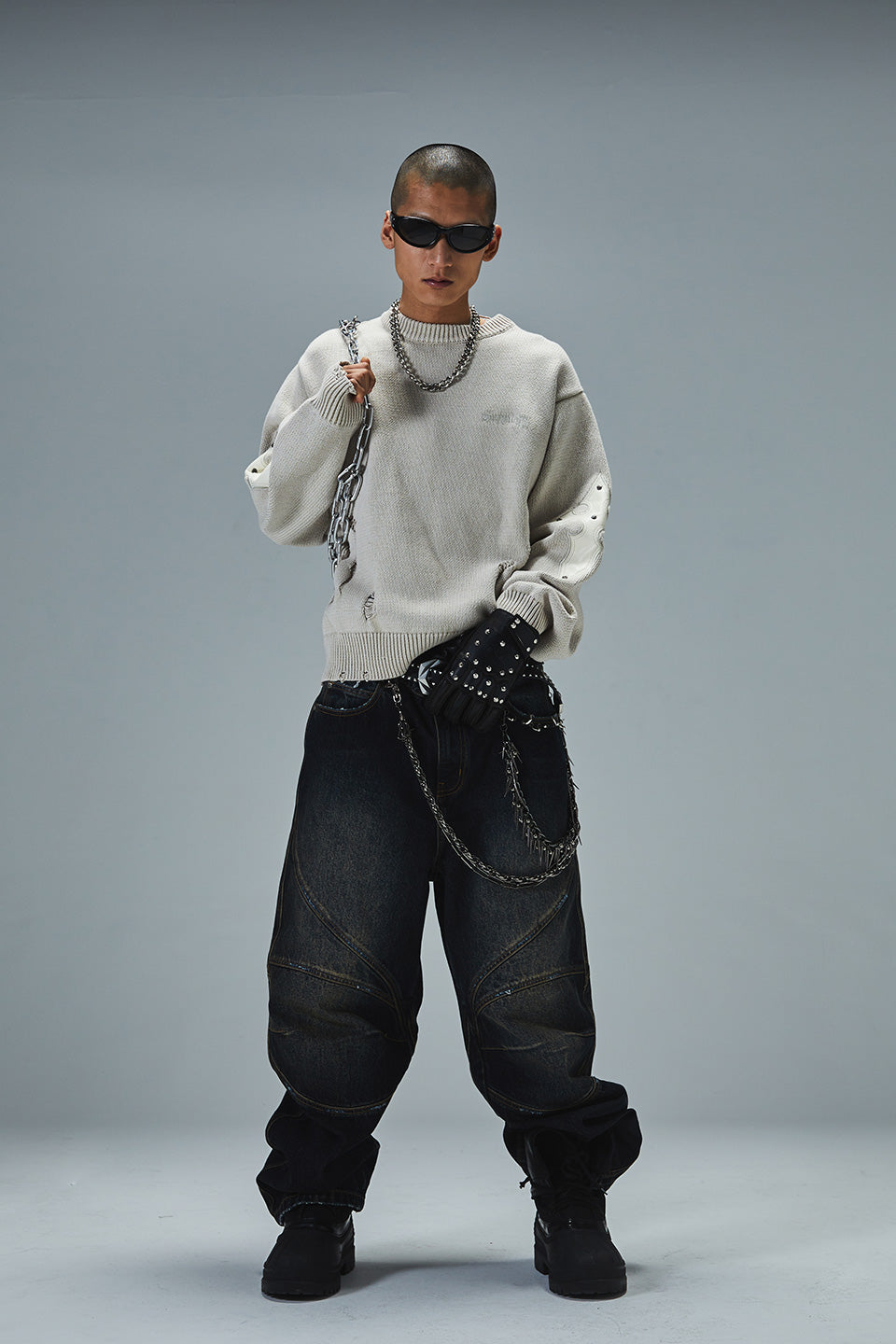 Distressed Cross Leather Patch Crew Knit V2