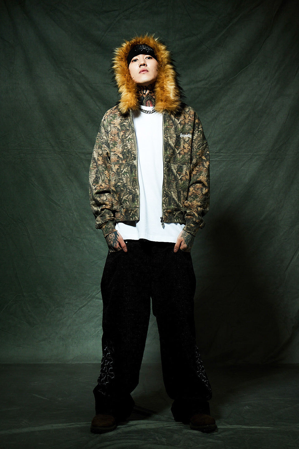 Tree Camo Faux Fur Cross Zip Hoodie