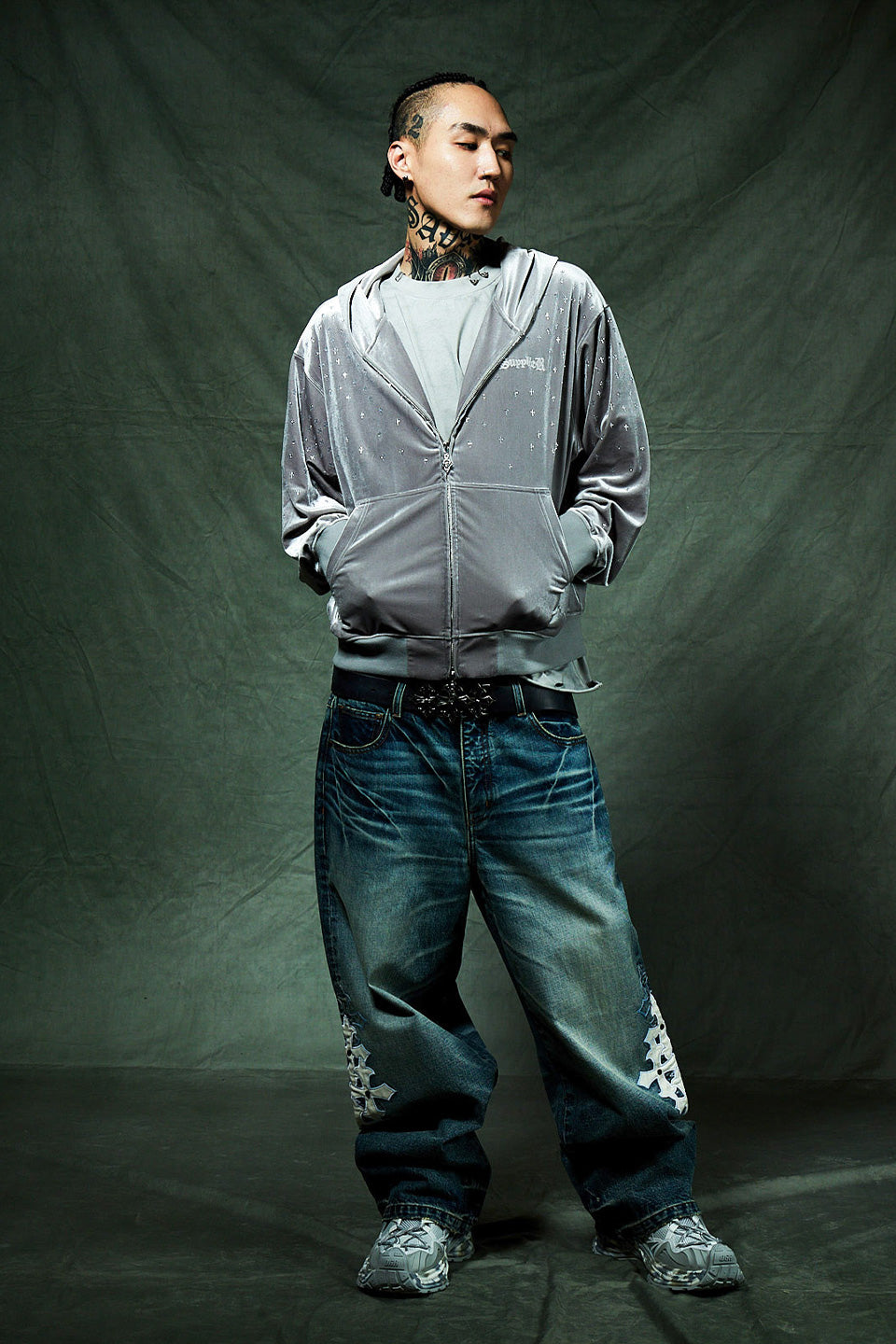 Multiple Cross Leather Patch Baggy Denim