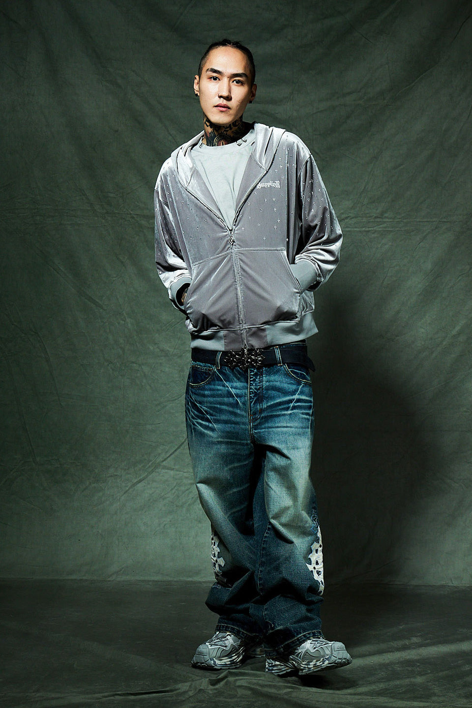 Multiple Cross Leather Patch Baggy Denim