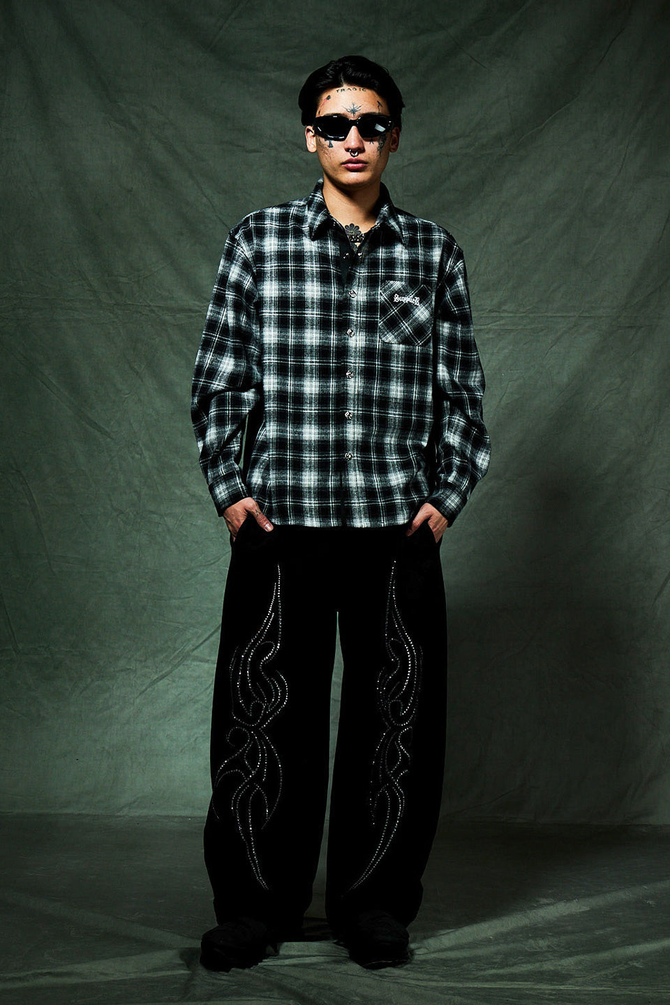 Cross Rhinestone Flannel Check Shirt