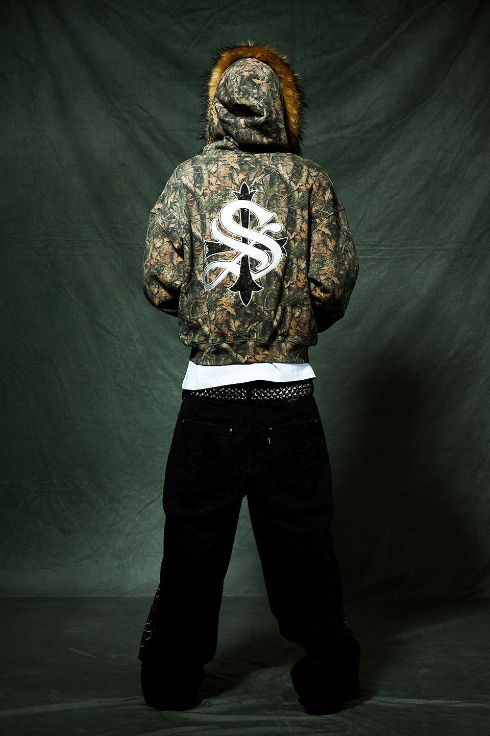 Tree Camo Faux Fur Cross Zip Hoodie