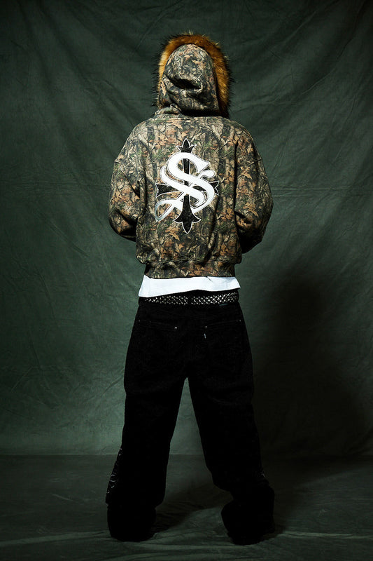 Tree Camo Faux Fur Cross Zip Hoodie