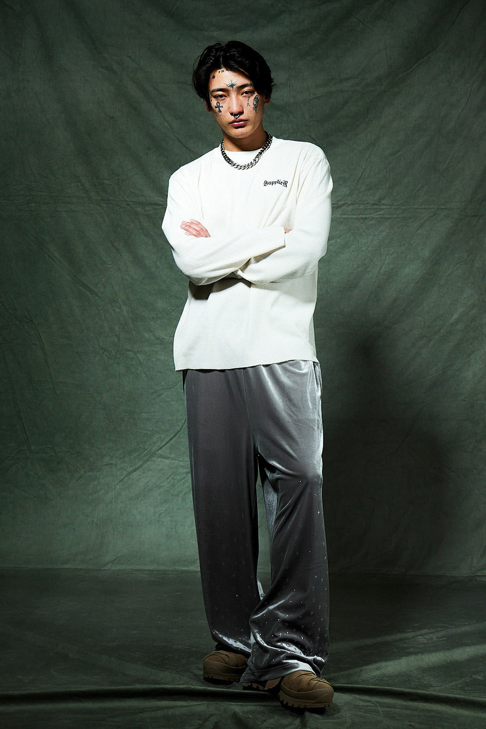 Micro Cross Rhinestone Velour Track Pants