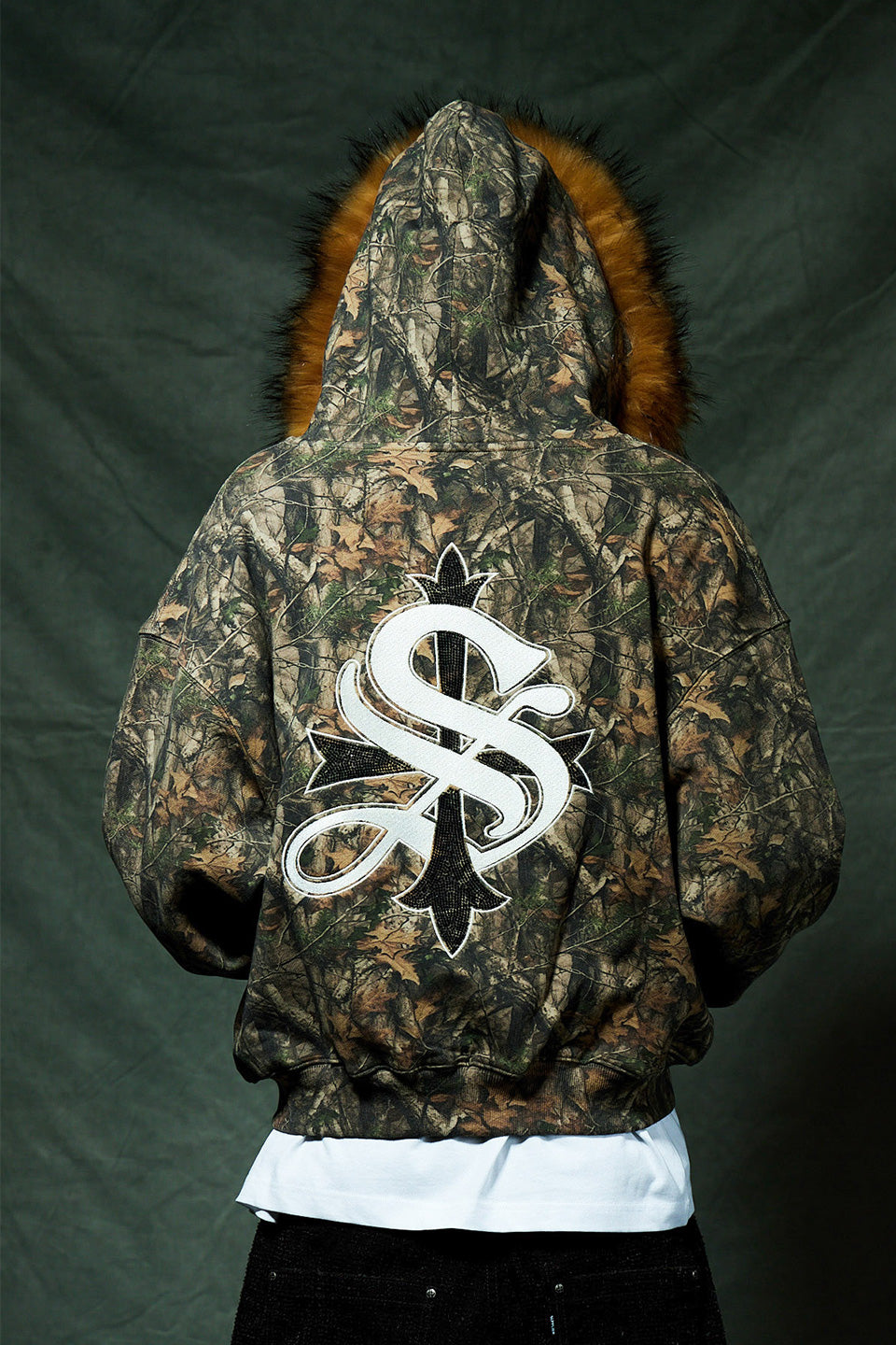 Tree Camo Faux Fur Cross Zip Hoodie