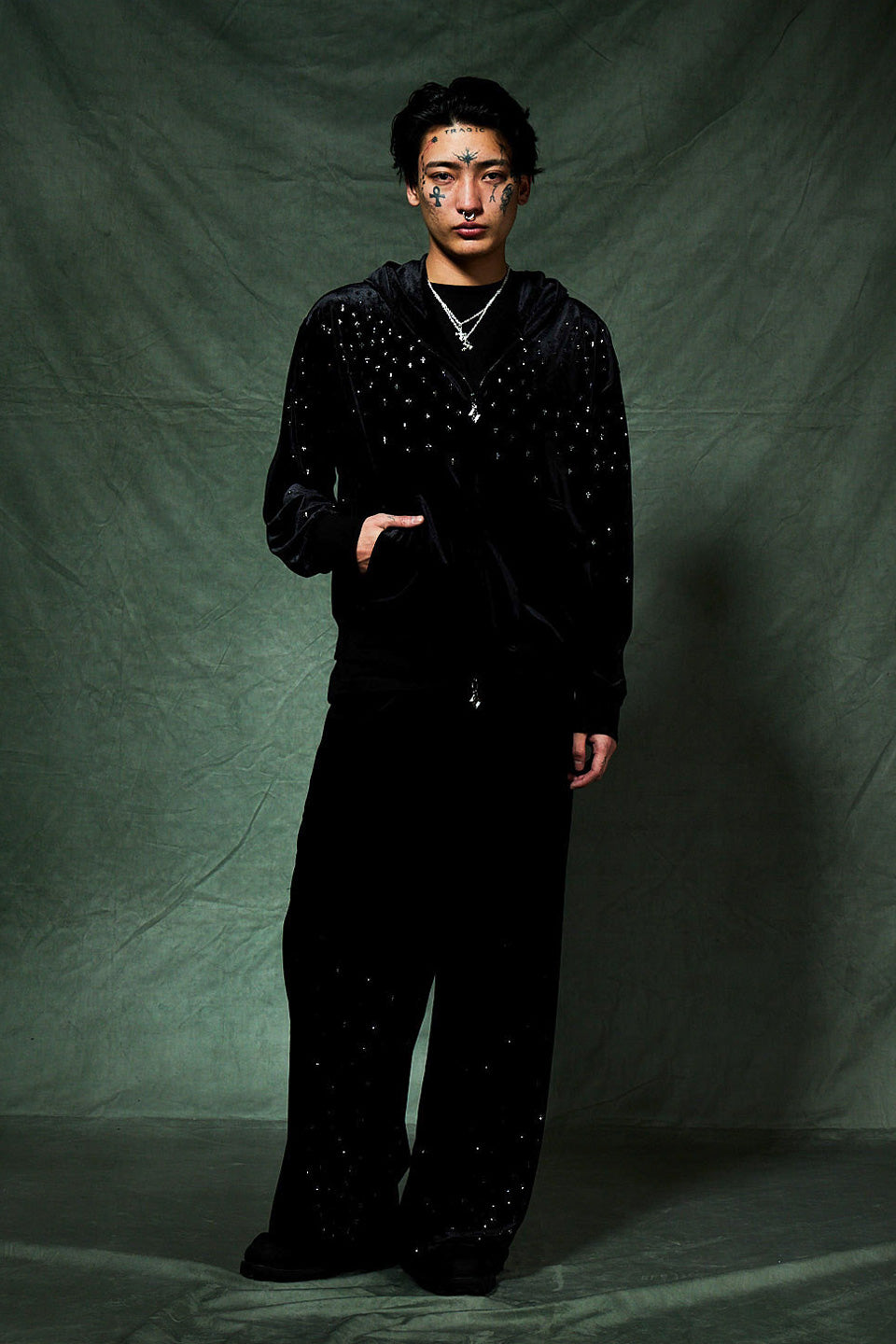 Micro Cross Rhinestone Velour Zip Hoodie