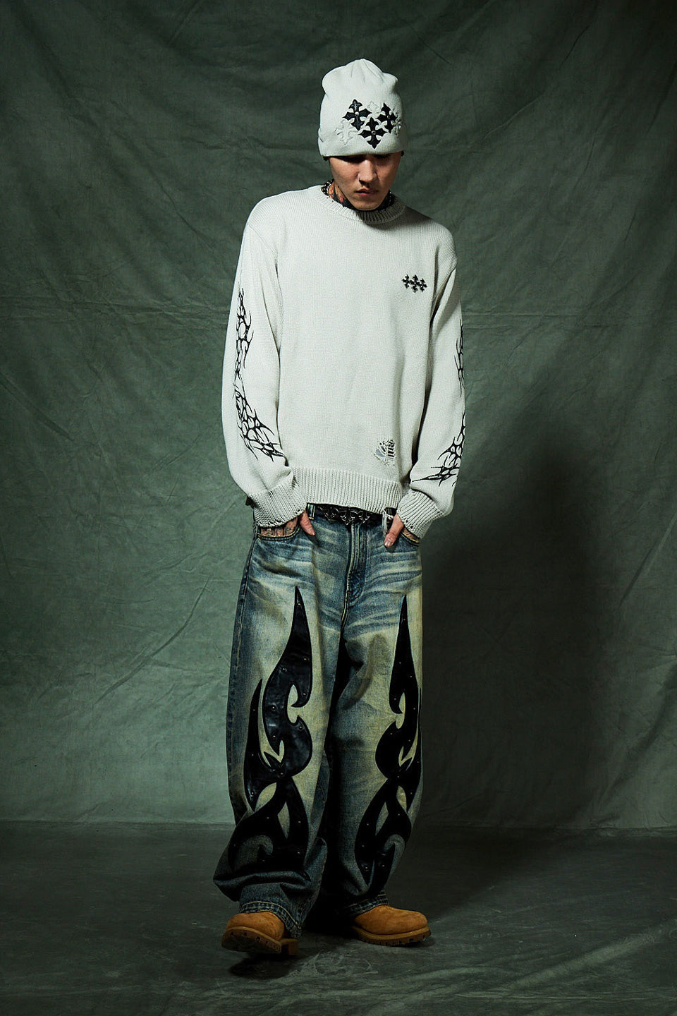 Distressed Tribal Bones Crew Knit