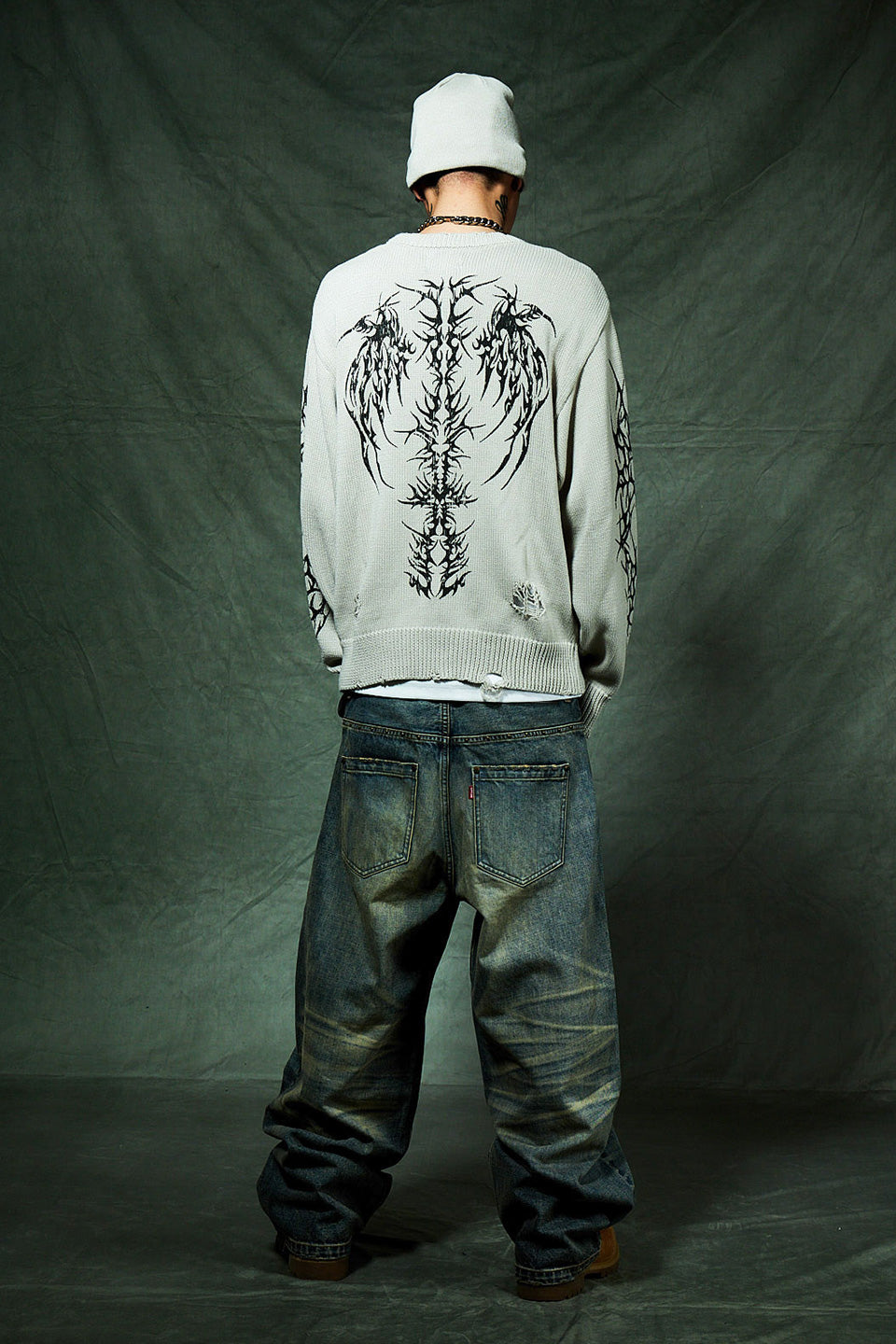 Distressed Tribal Bones Crew Knit