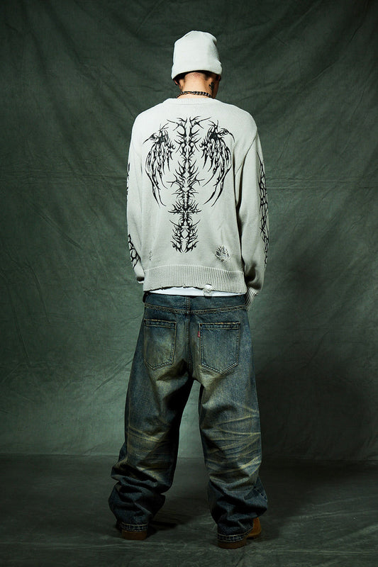Distressed Tribal Bones Crew Knit