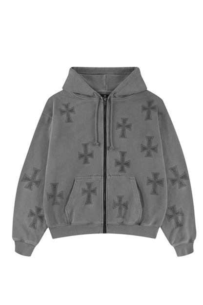 Wash Greyxblack Cross Zip Hoodie