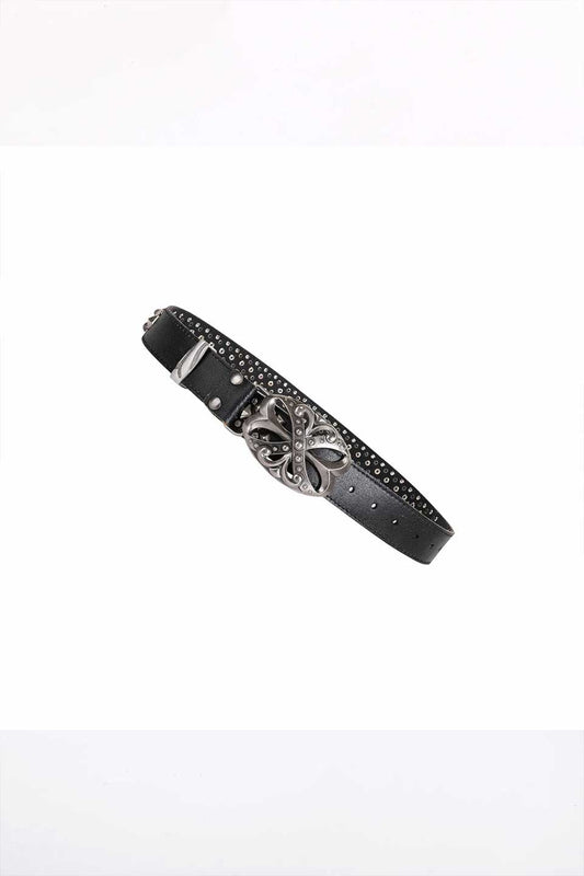 Studded Rhinestone Carved Buckle Leather Belt