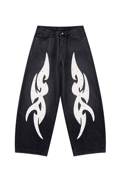 Studs Tribal Leather Patch Curve Denim