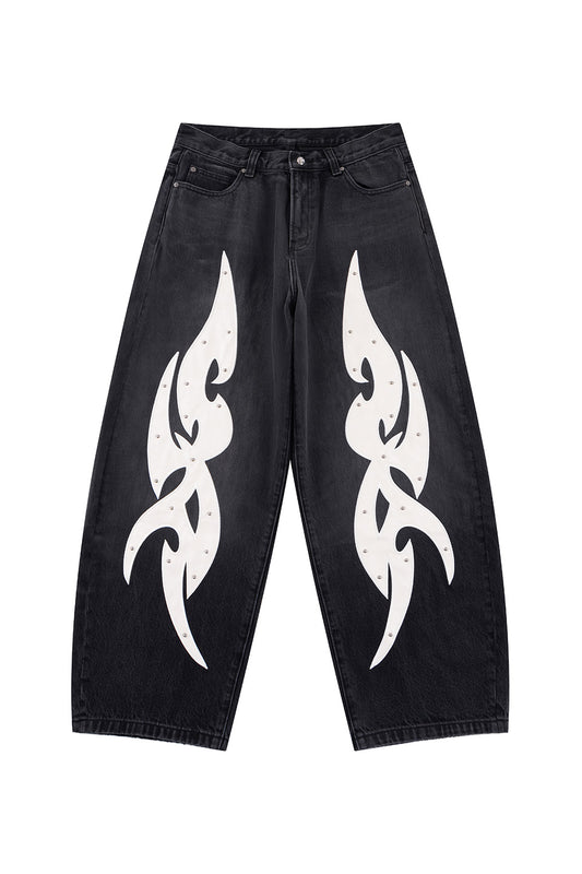 Studs Tribal Leather Patch Curve Denim