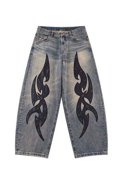 Studs Tribal Leather Patch Curve Denim