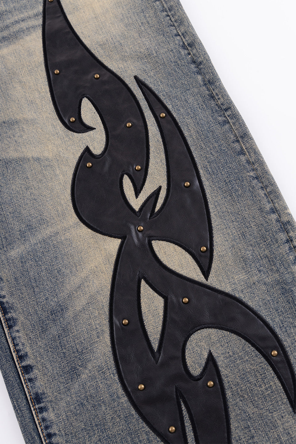 Studs Tribal Leather Patch Curve Denim