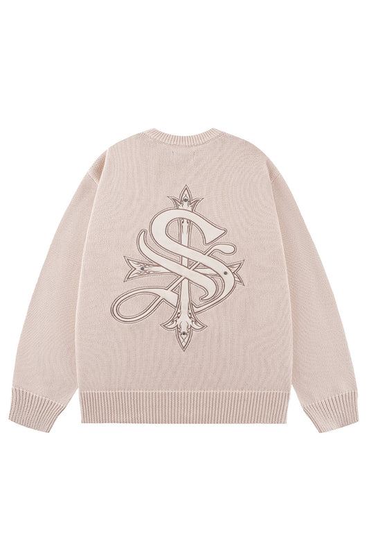 Tribal Cross Leather Patch Crew Knit