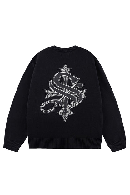 Tribal Cross Leather Patch Crew Knit
