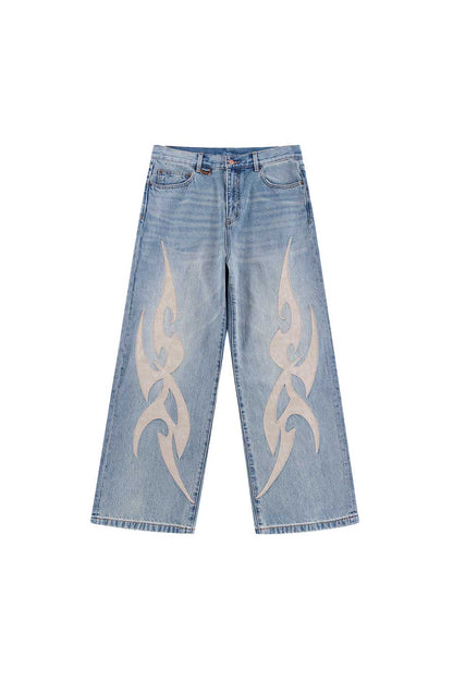 Tribal Leather Patch Baggy Denim Jeans