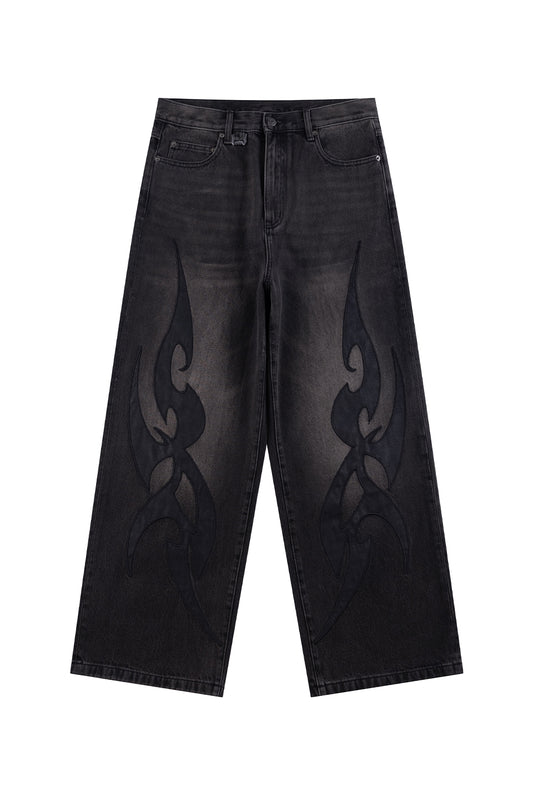 Tribal Leather Patch Baggy Denim Jeans