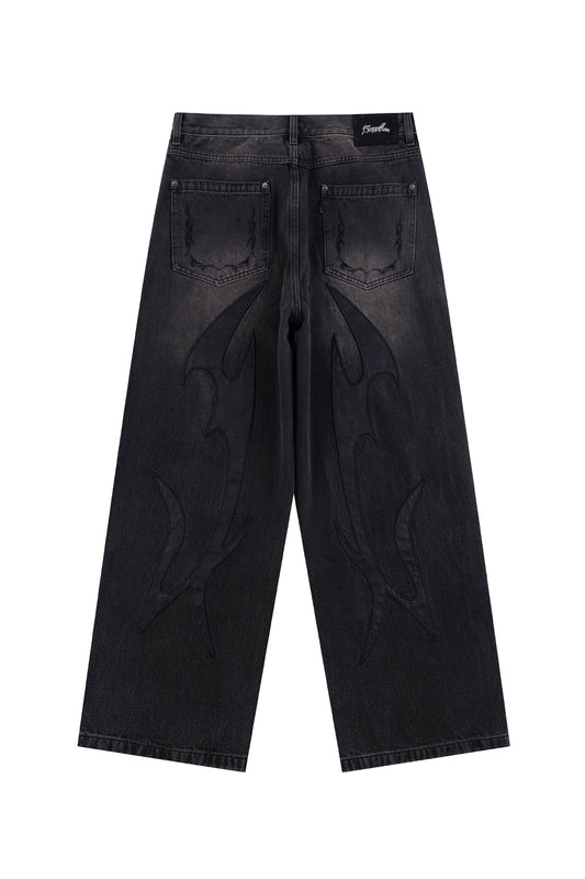 Tribal Leather Patch Baggy Denim Jeans