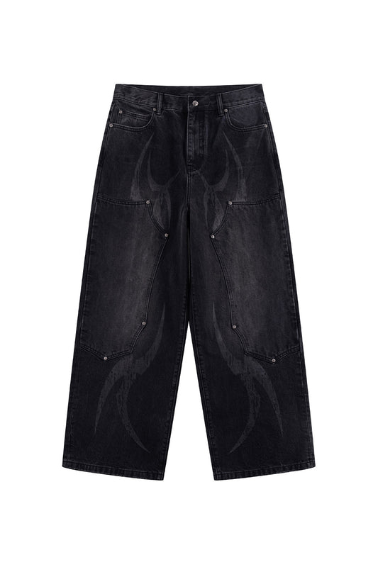 Vintage Wash Tribal Double Knee Baggy Jeans