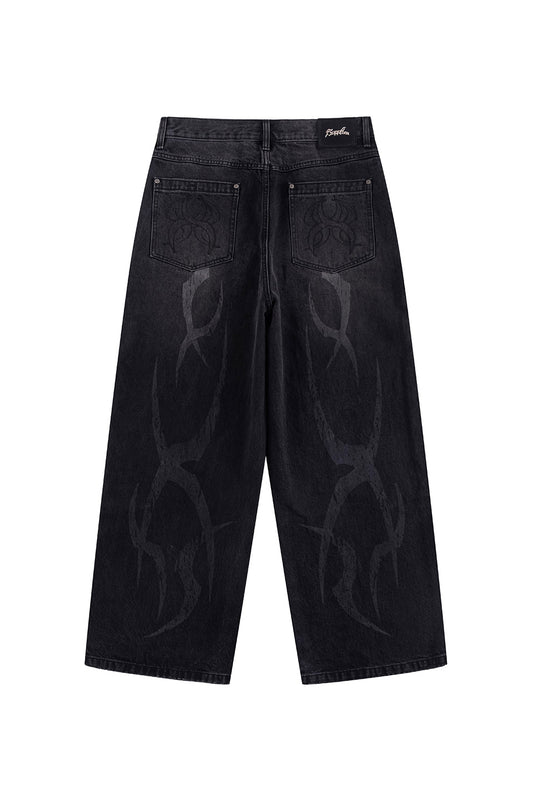 Vintage Wash Tribal Double Knee Baggy Jeans