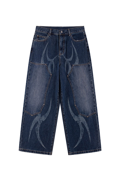 Vintage Wash Tribal Double Knee Baggy Jeans