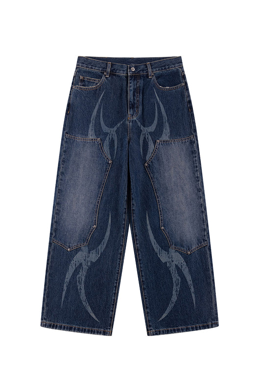 Vintage Wash Tribal Double Knee Baggy Jeans