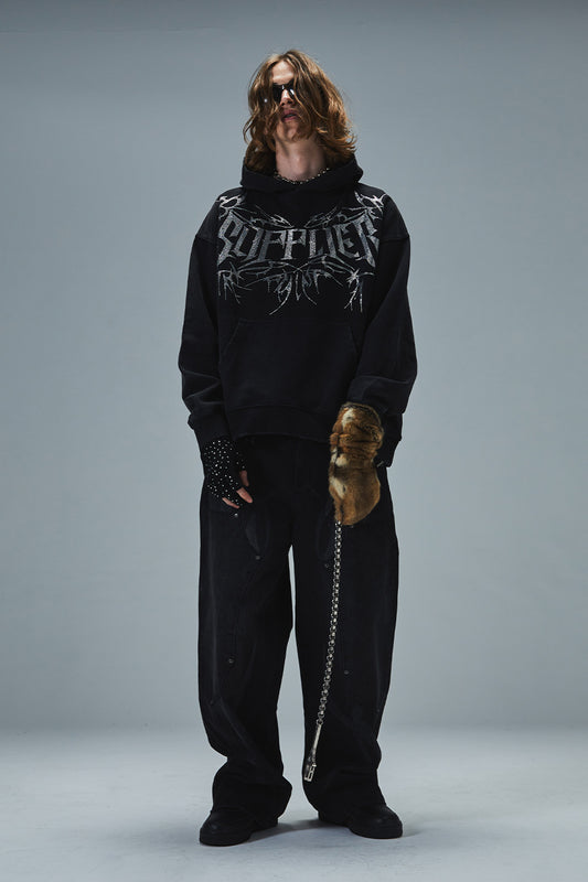 Vintage Wash Tribal Rhinestone Logo Hoodie