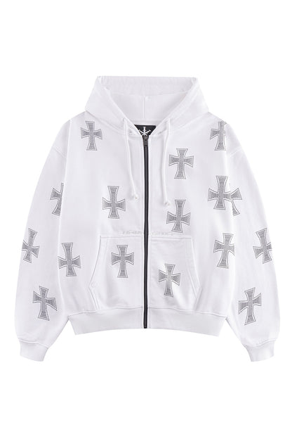 White Cross Rhinestone Zip Hoodie