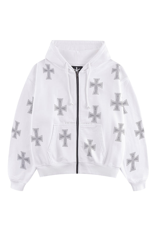 White Cross Rhinestone Zip Hoodie