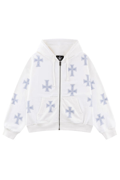 White X Blue Allover Cross Rhinestone Zip Hoodie