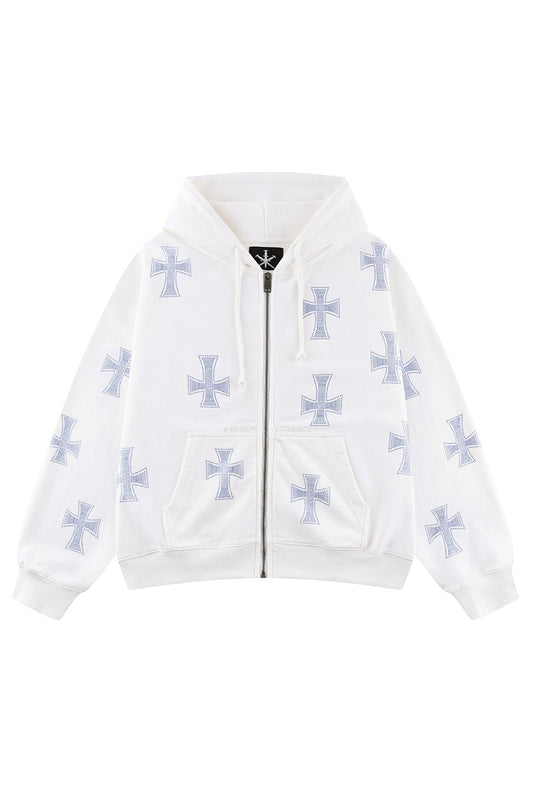 White X Blue Allover Cross Rhinestone Zip Hoodie