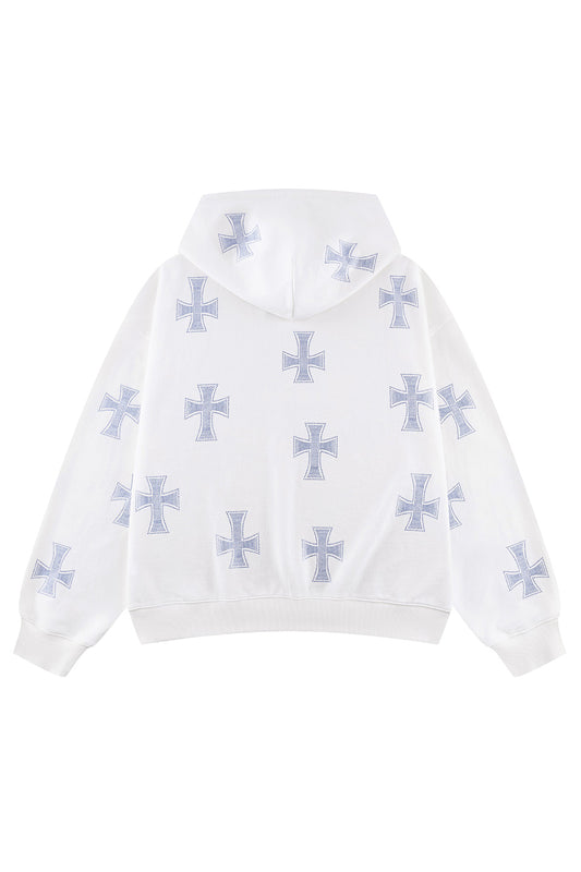 White X Blue Allover Cross Rhinestone Zip Hoodie