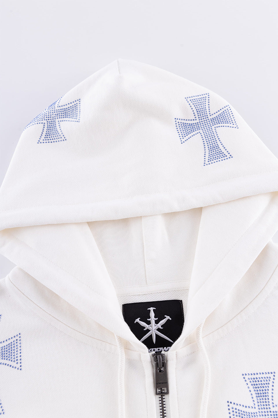 White X Blue Allover Cross Rhinestone Zip Hoodie
