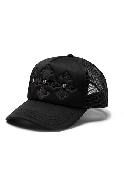 【予約商品】Triple Black Cross Leather Patch Mesh Cap【9月中旬お届け】