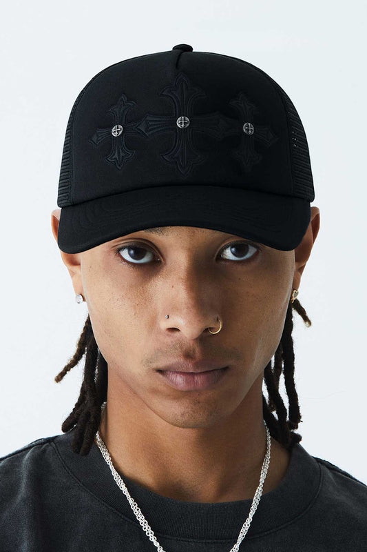 Triple Black Cross Leather Patch Mesh Cap