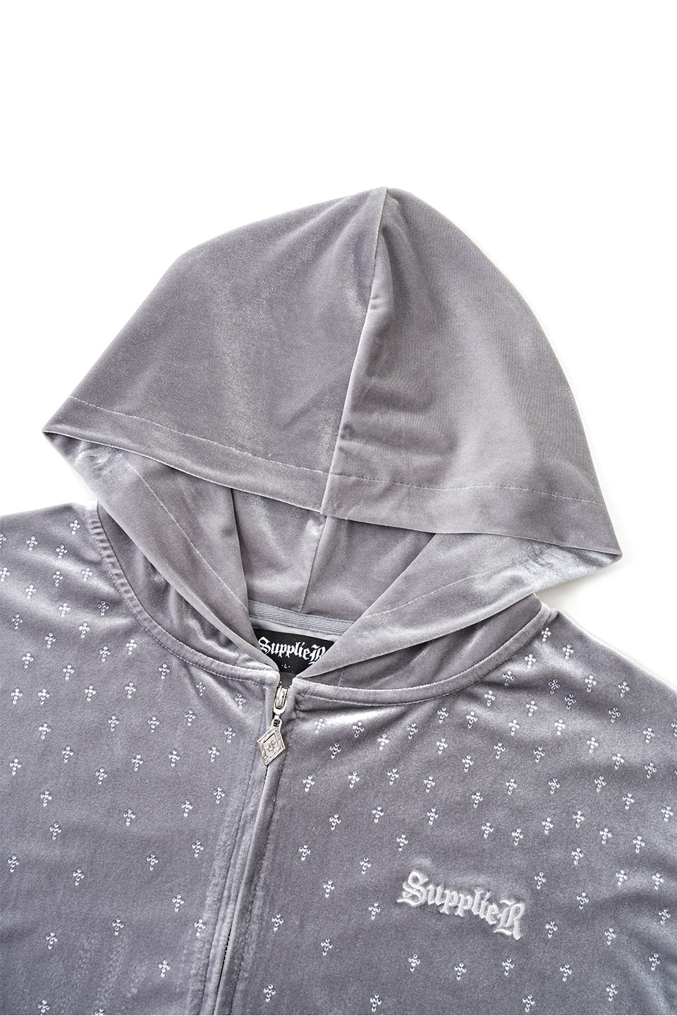 Micro Cross Rhinestone Velour Zip Hoodie