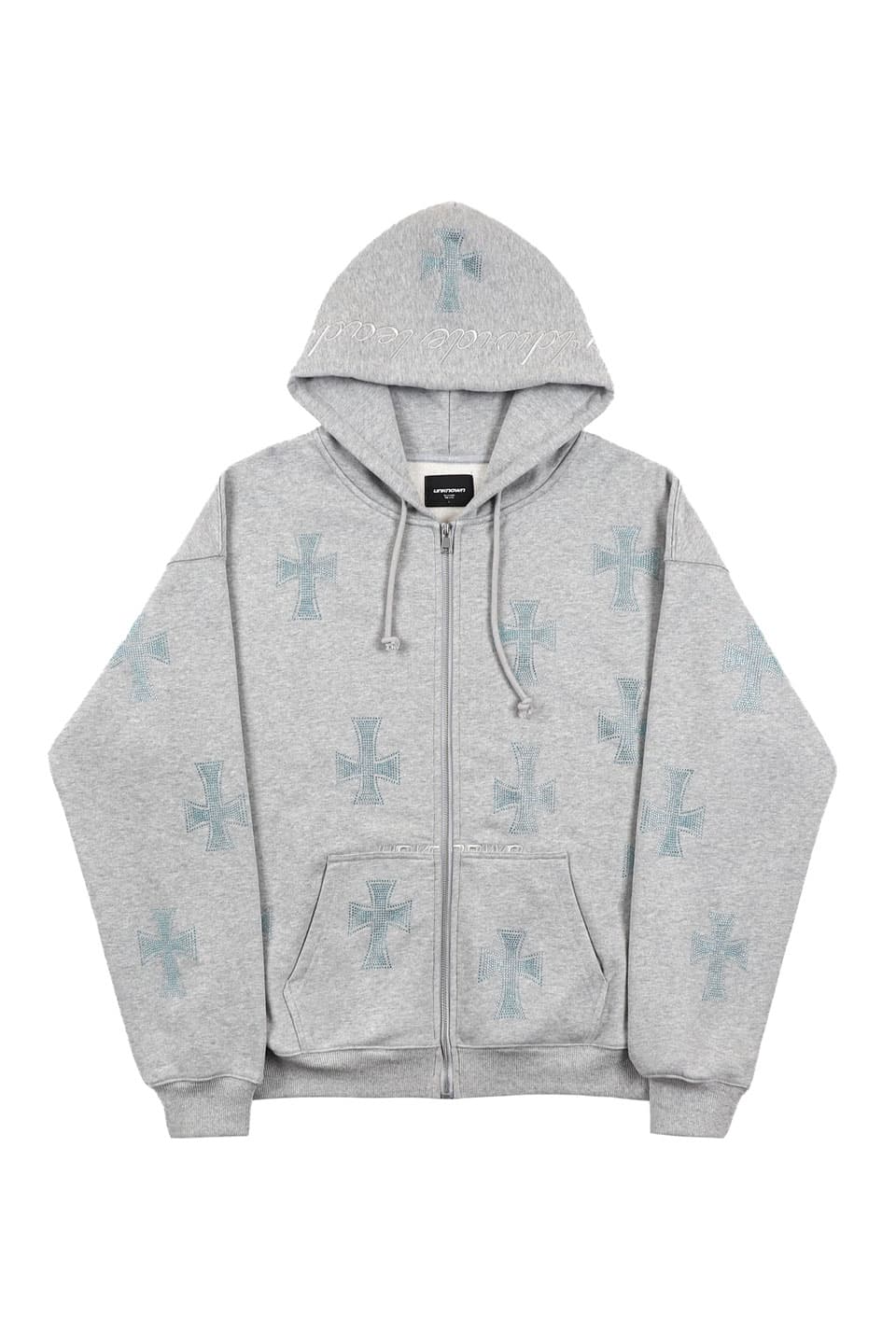 Grey With Baby Blue Crosses Rhinestone Zip Hoodie