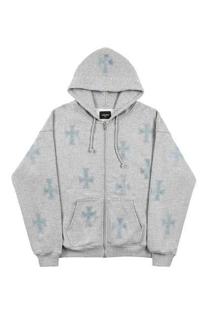 Grey With Baby Blue Crosses Rhinestone Zip Hoodie